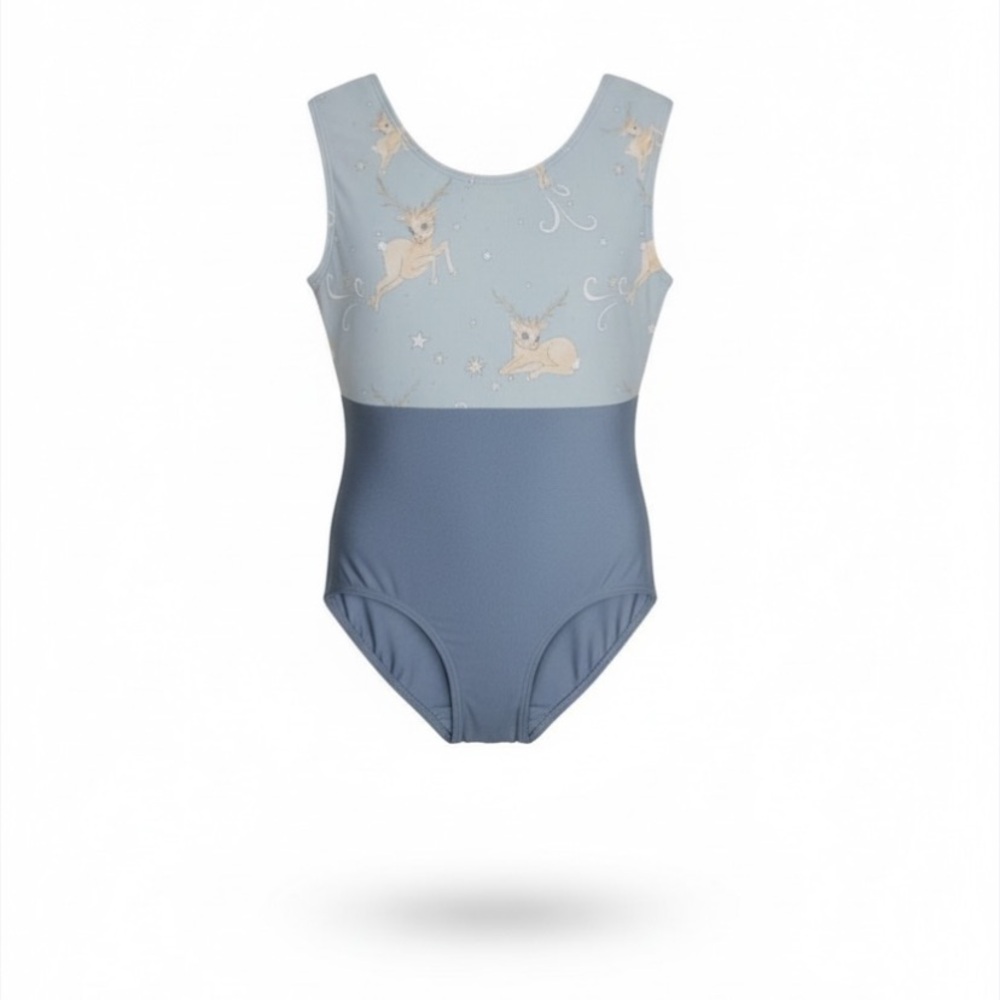 Luckyleo leotard light blue top panel pattern of white deer moons stars